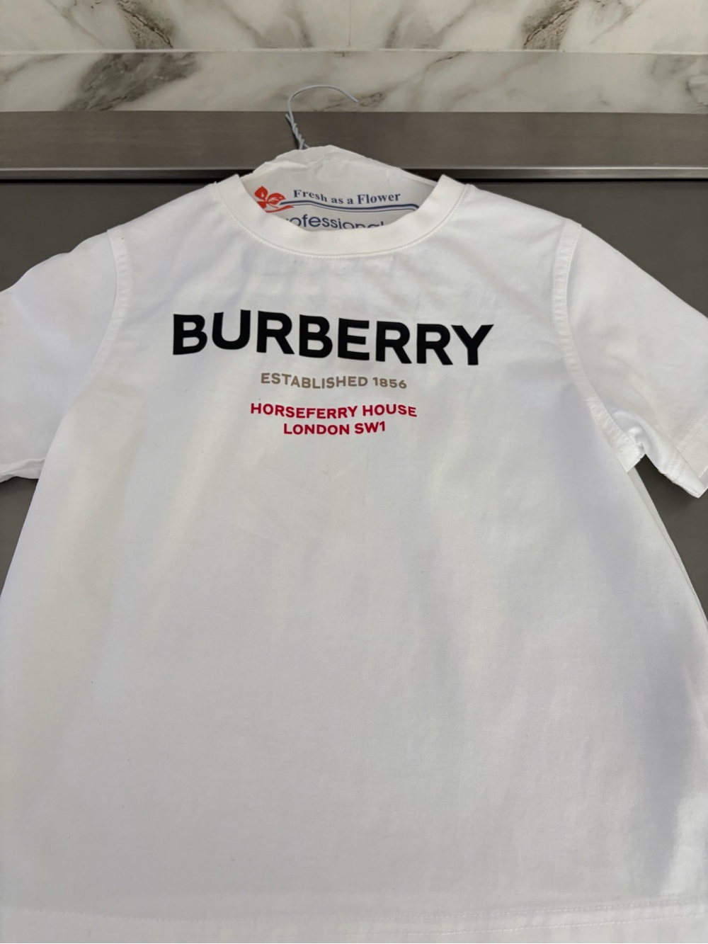 Burberry White Tee with Navy Logo and Red Detail